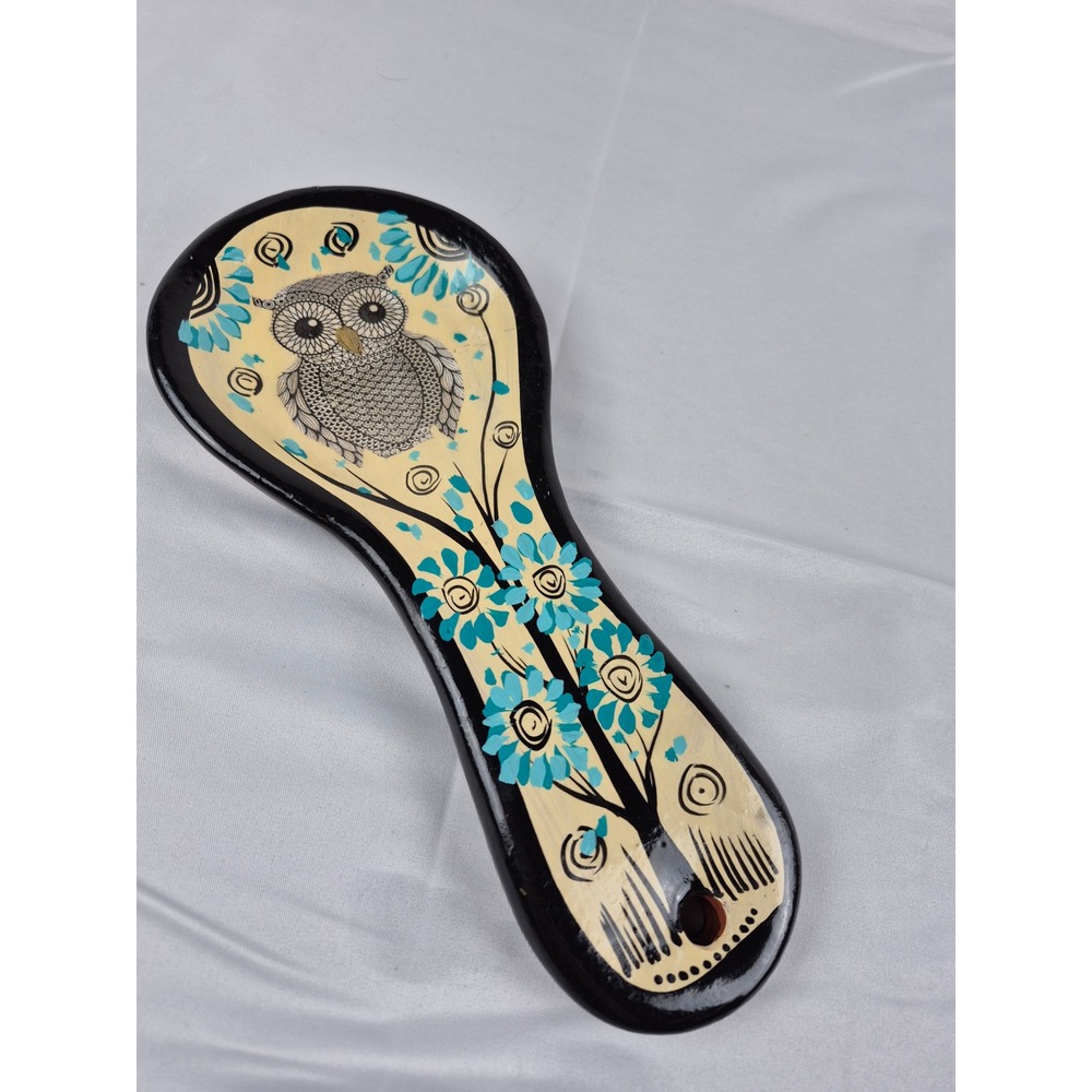 Hand Painted Ceramic Owl Spoon Rest Teal Floral Folk Art Pottery Kitchen Decor